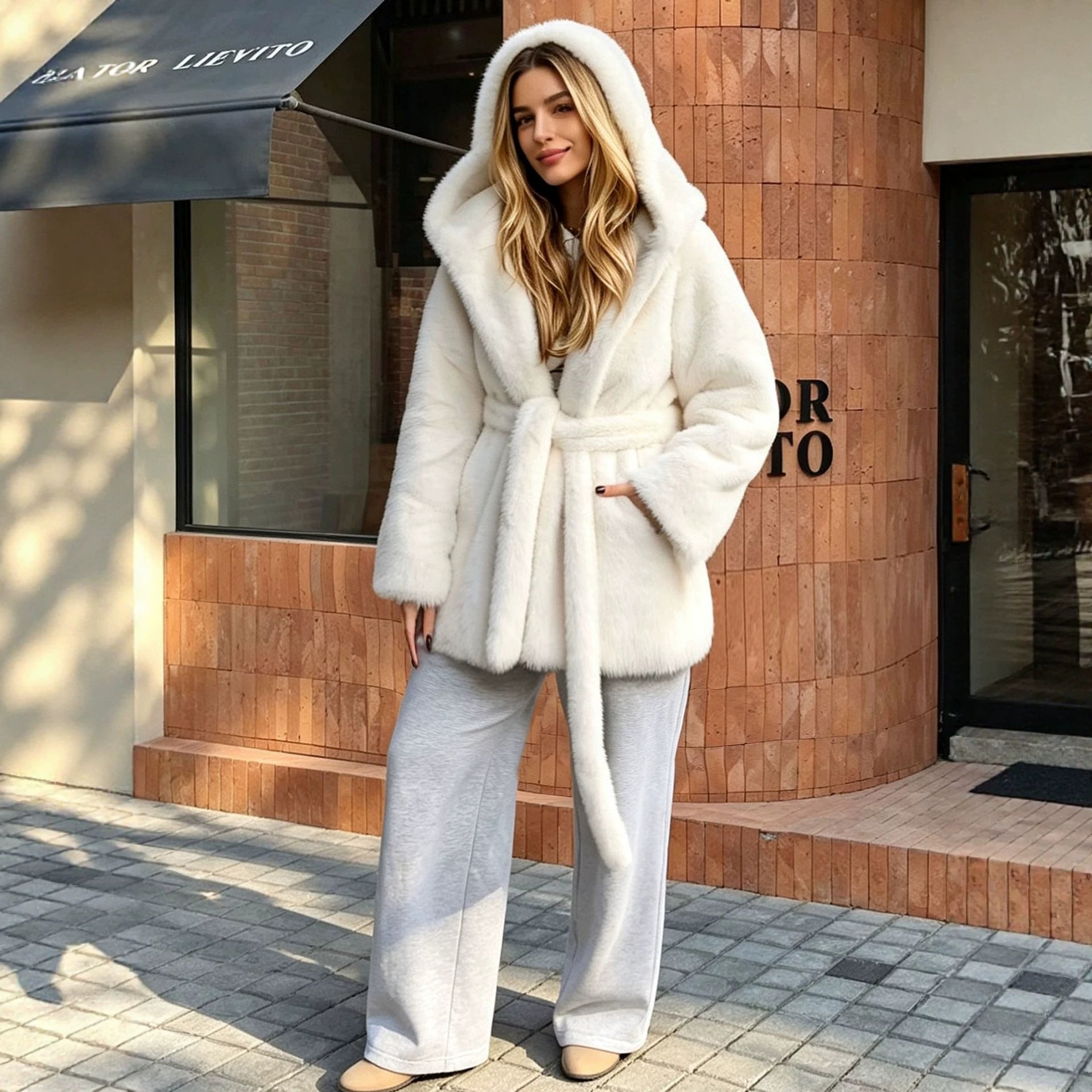 Artificial Mink Hair Fur Coat Mid Length Hooded Belt