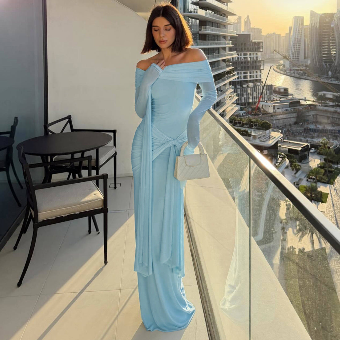 Solid Color Long Sleeve Sexy off the Shoulder Slim Fit Lace up Sheath Dress