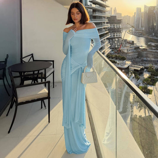 Solid Color Long Sleeve Sexy off the Shoulder Slim Fit Lace up Sheath Dress