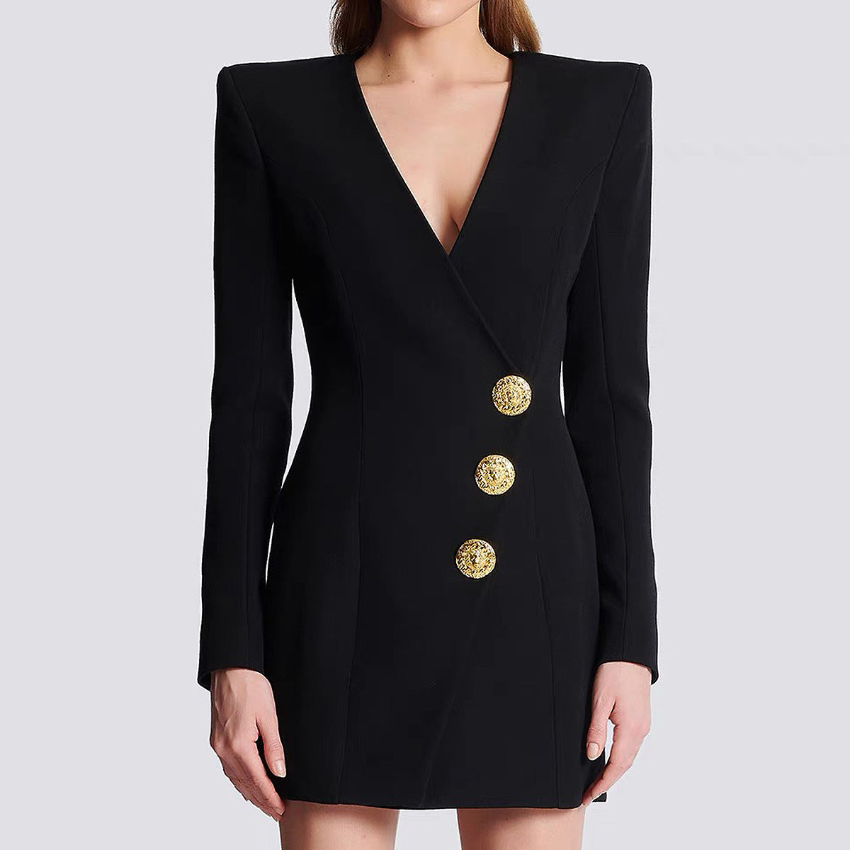 V neck Slim Fit Slimming Three Button Long Sleeved Dress Coat for