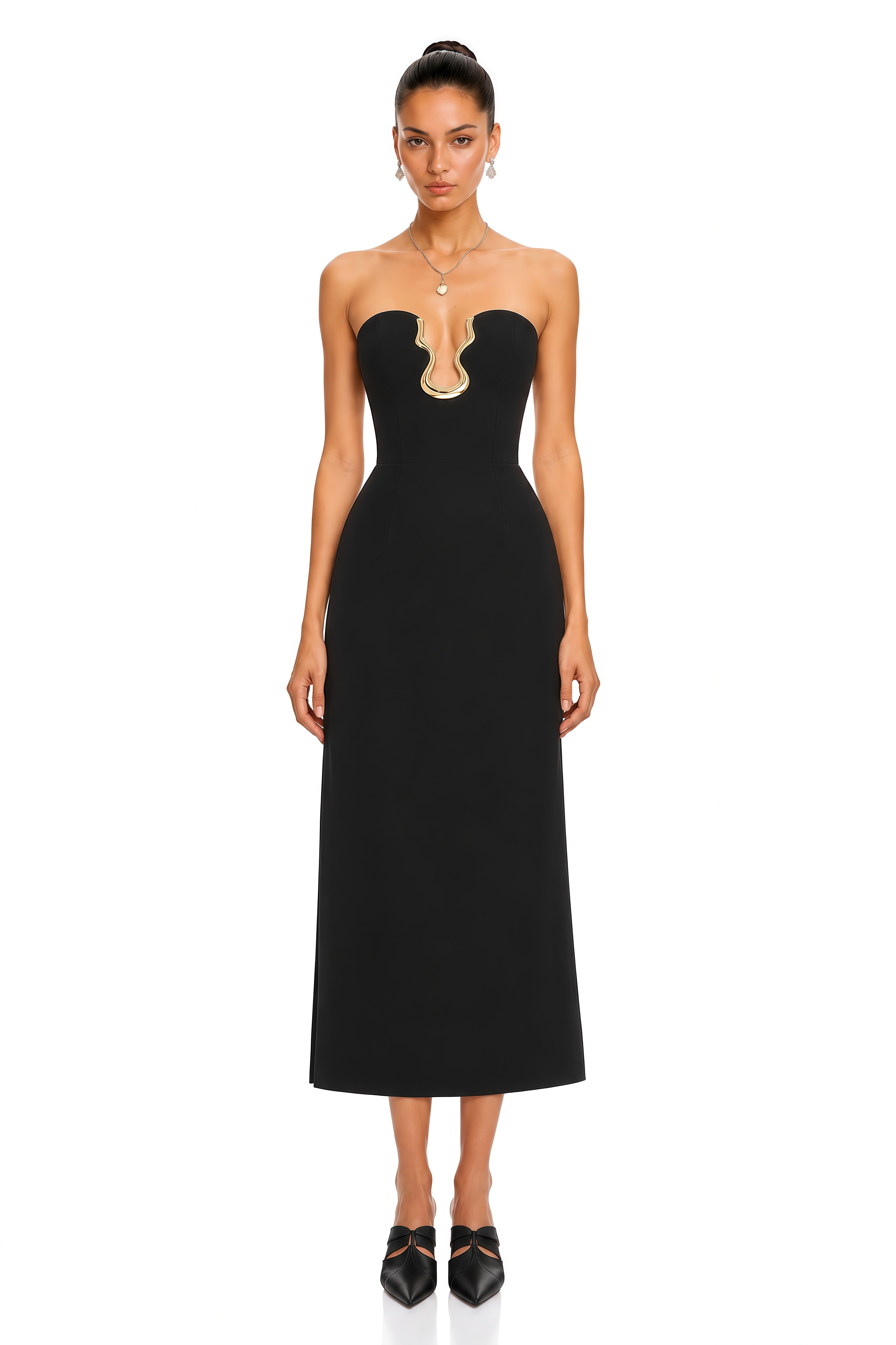 Adeline Black Silver-Trimmed Strapless Midi Dress