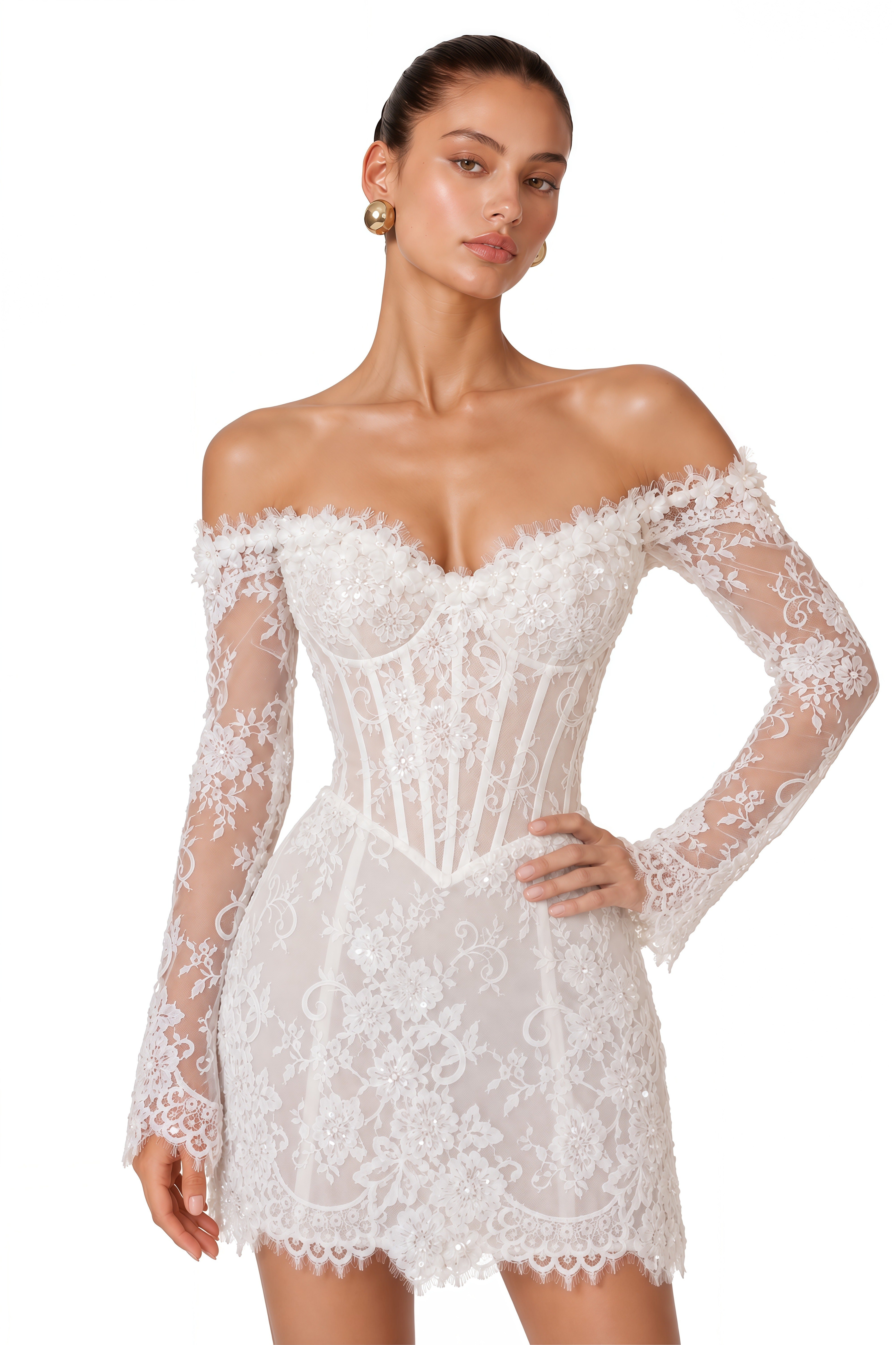 Alessina White Off Shoulder Lace Corset Mini Dress