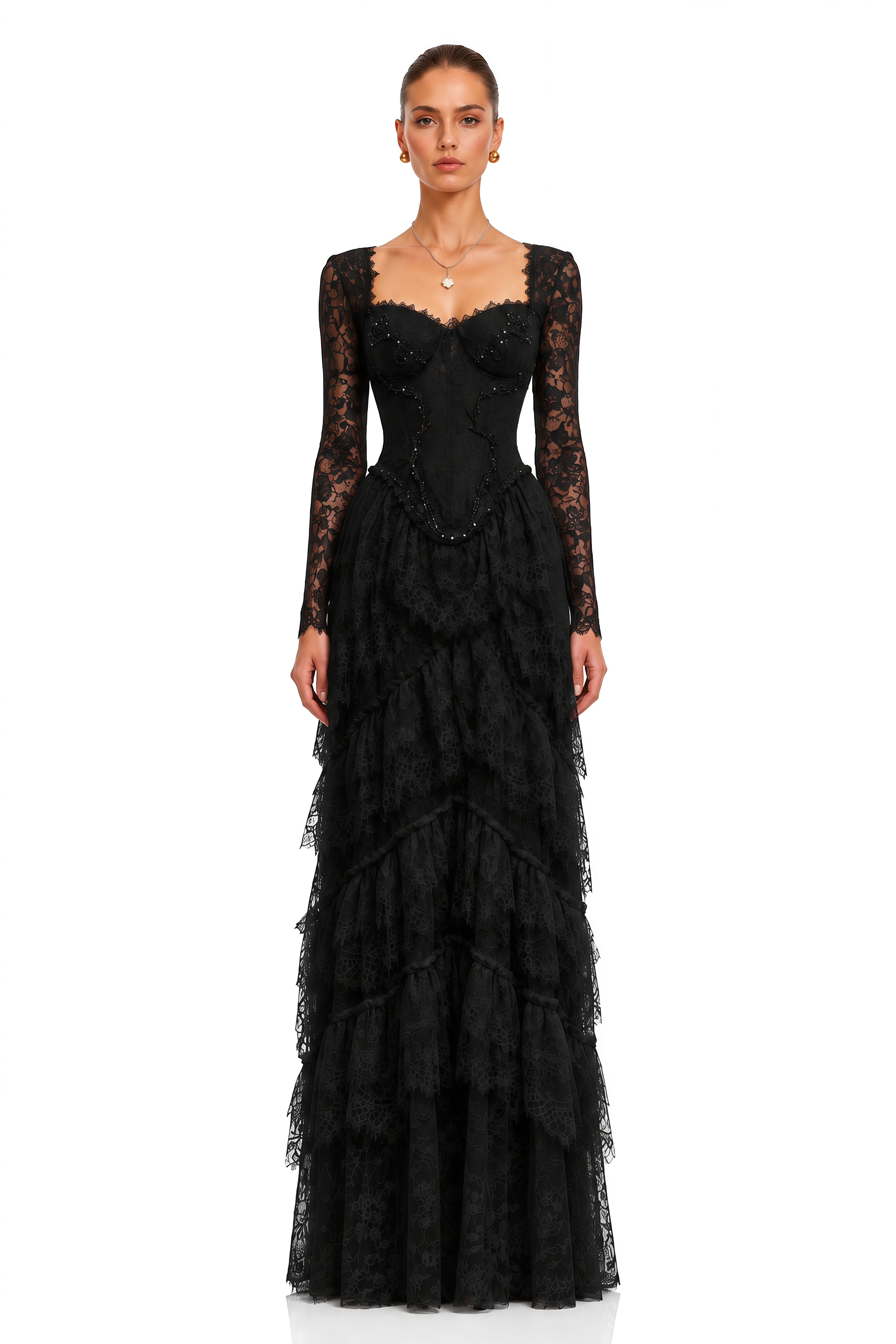 Alouette Black Lace Corset Tiered Maxi Dress