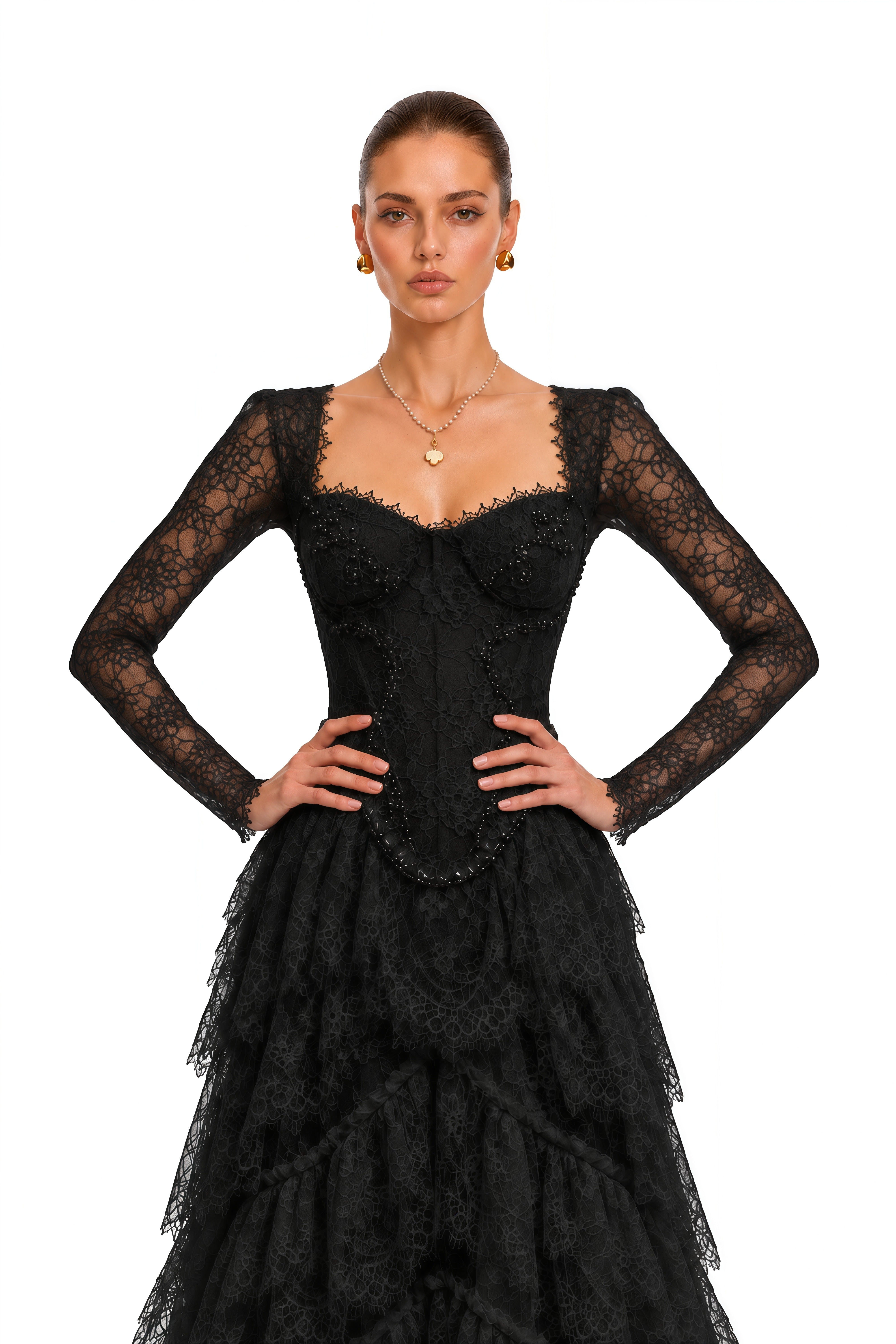 Alouette Black Lace Corset Tiered Maxi Dress