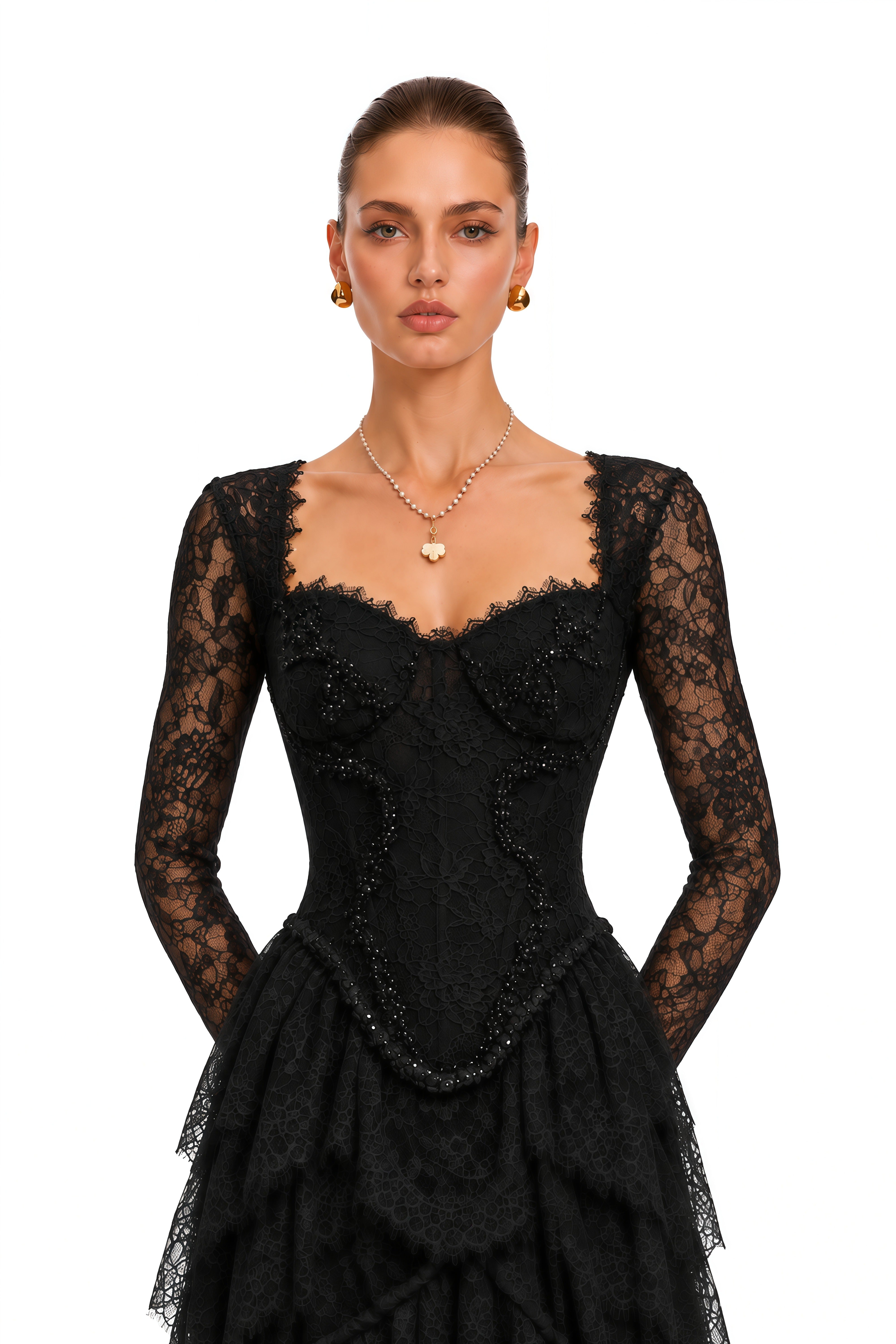 Alouette Black Lace Corset Tiered Maxi Dress