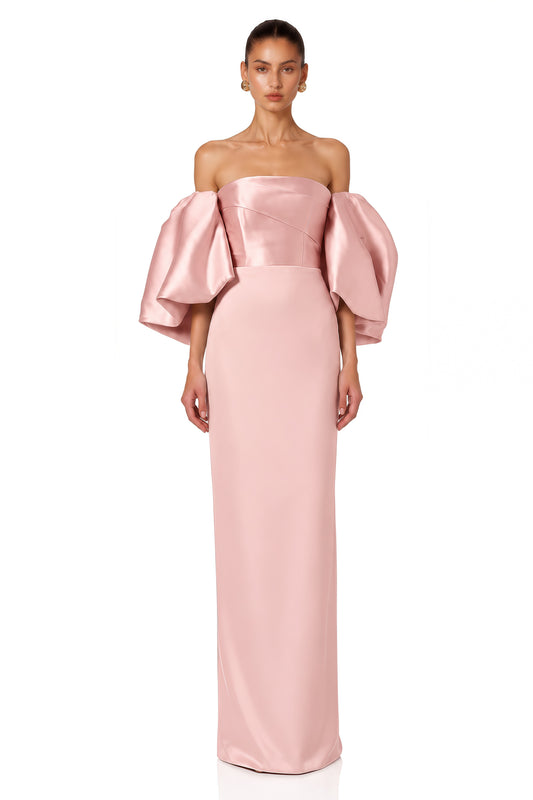 Avery Pink Off Shoulder Puff Sleeve Satin Maxi Dress