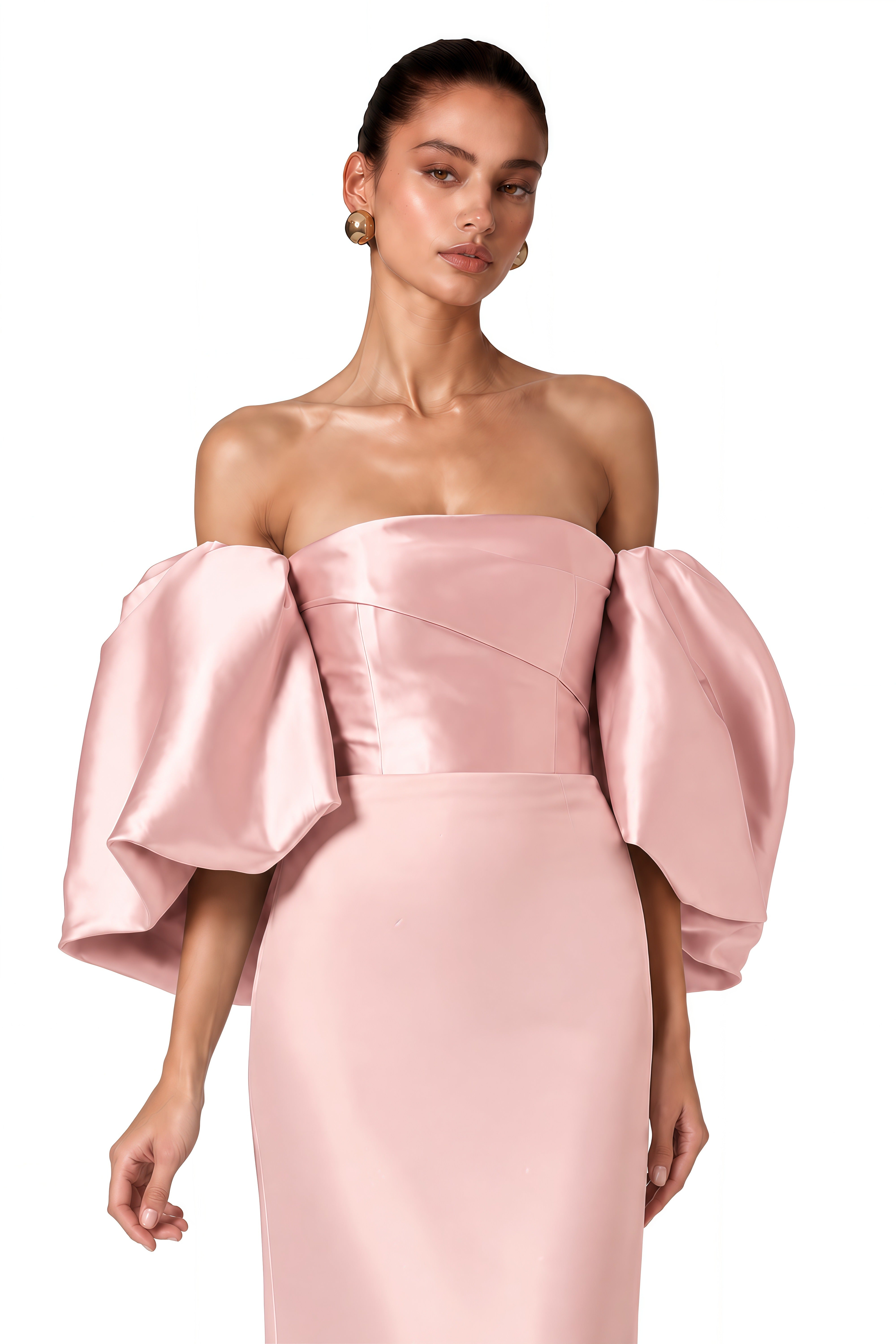 Avery Pink Off Shoulder Puff Sleeve Satin Maxi Dress