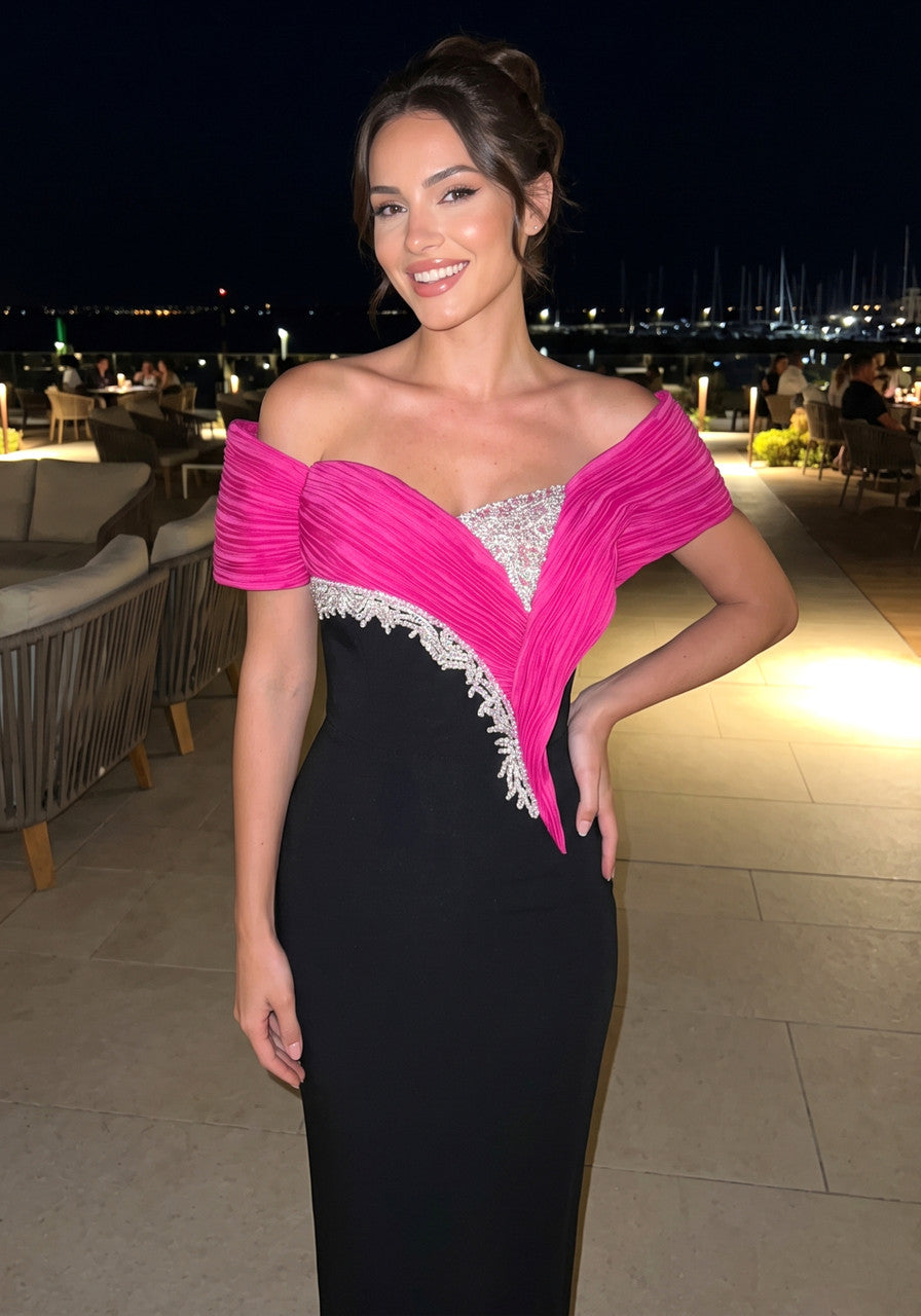 Bardot Crystal Embellished Maxi Dress Hot Pink Black