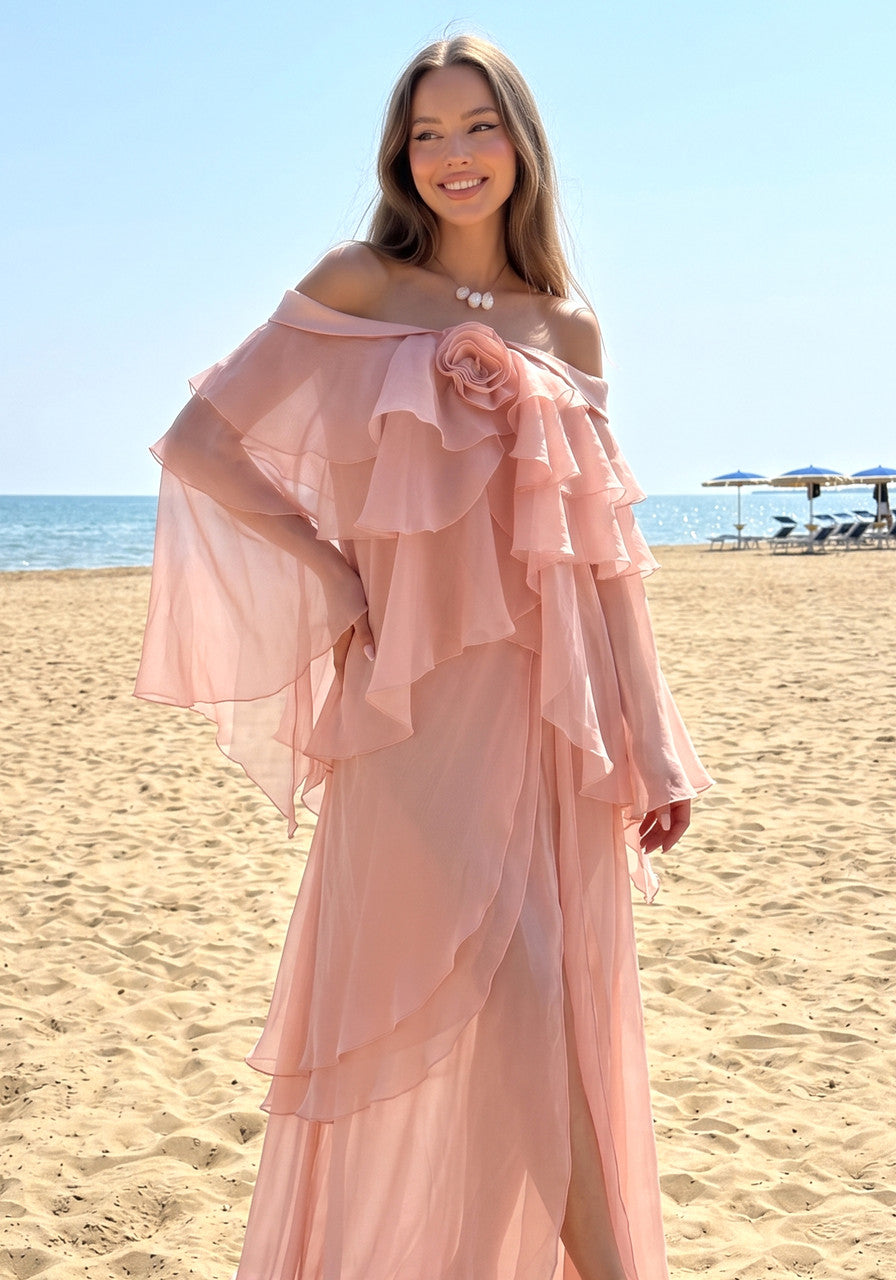 Bardot Floral Ruffle Maxi Dress Pink