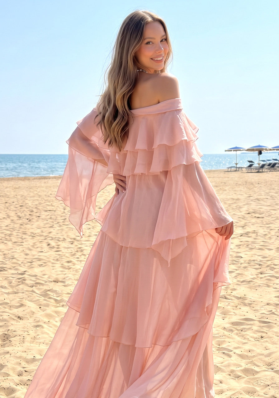Bardot Floral Ruffle Maxi Dress Pink