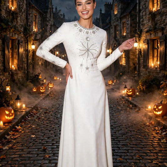 Long Sleeve Crystal Embellished A Line Maxi Dress White