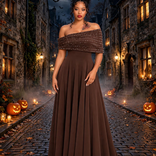 Embellished Bardot A Line Maxi Dress Brown