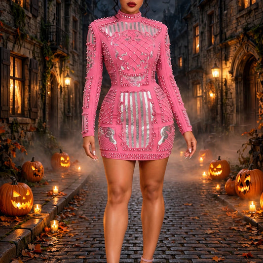 Long Sleeve Sequin Embellished Dress Hot Pink