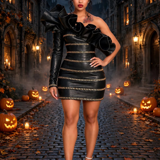 One Sleeve Ruffle Chain Faux Leather Dress Black