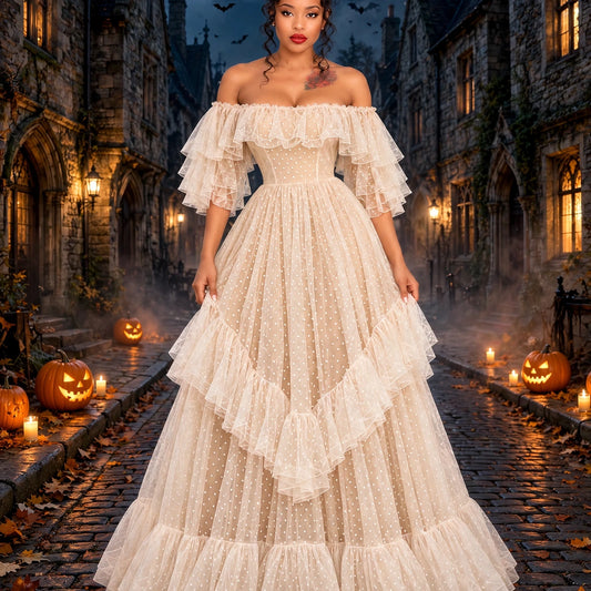 The Cream Polka-Dot Ruffle Gown