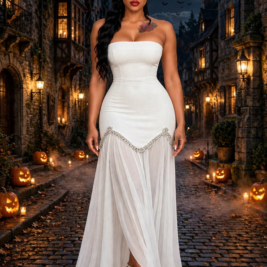Strapless Crystal Detail A Line Maxi Dress White