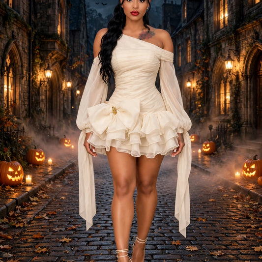 The Ivory Bow One-Shoulder Ruffle Mini