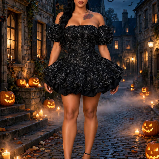 The black Lace Puff-Sleeve Mini Dress