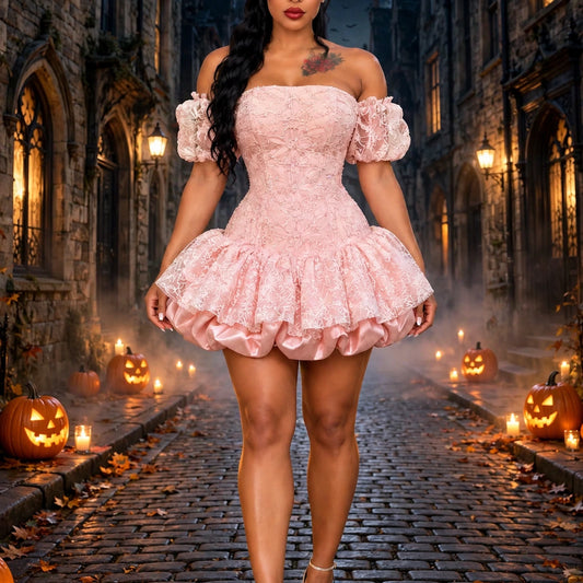 The pink Lace Puff-Sleeve Mini Dress