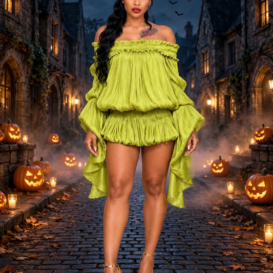 The Off-Shoulder Ruffle Mini Dress green