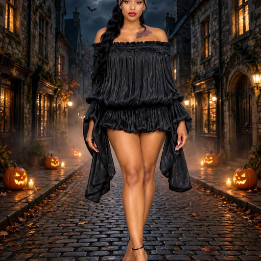 The Off-Shoulder Ruffle Mini Dress black