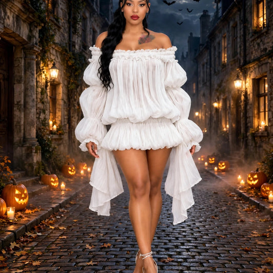 The Off-Shoulder Ruffle Mini Dress white