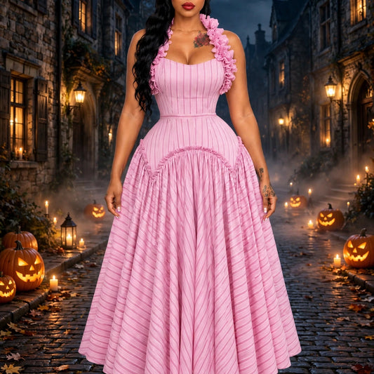 The Azure Ruffle-Trim Striped Midi Dress pink