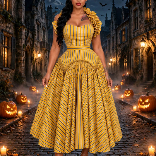 The Azure Ruffle-Trim Striped Midi Dress yellow