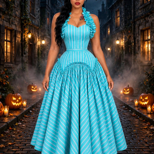 The Azure Ruffle-Trim Striped Midi Dress blue