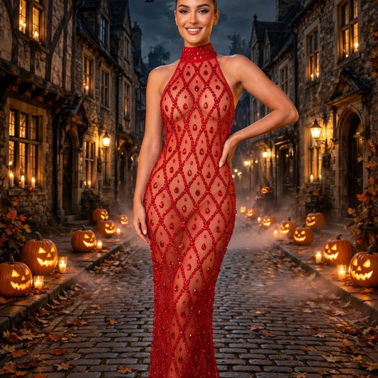 Crystal Sequin Mesh Maxi Dress Red