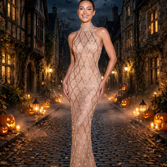 Crystal Sequin Mesh Maxi Dress Nude