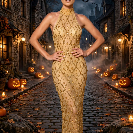 Crystal Sequin Mesh Maxi Dress Gold