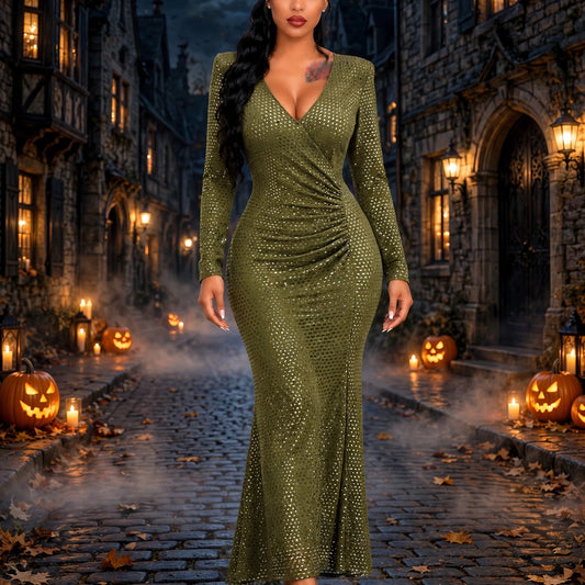 Long Sleeve Embellished A Line Midi Dress Green