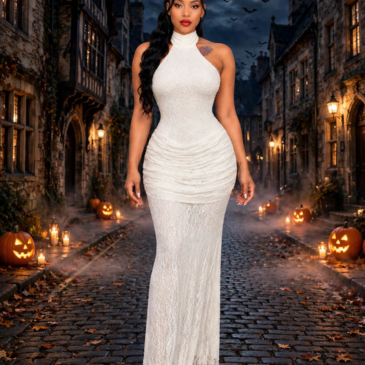 Halter Draped Lace Maxi Dress White