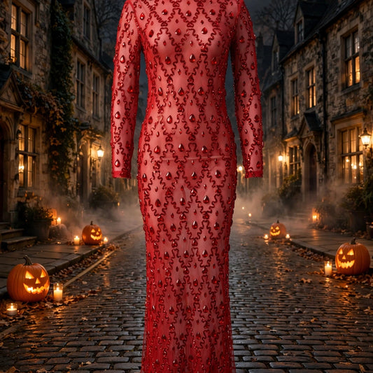 Long Sleeve Embellished Sequin Mesh Maxi Dress Red