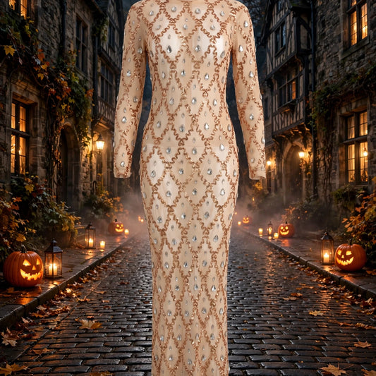 Long Sleeve Embellished Sequin Mesh Maxi Dress Nude