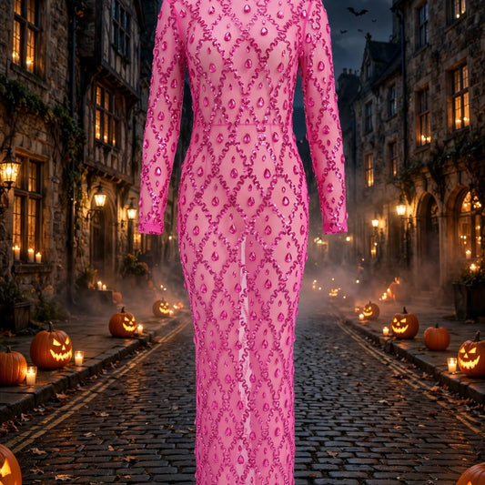 Long Sleeve Embellished Sequin Mesh Maxi Dress Hot Pink