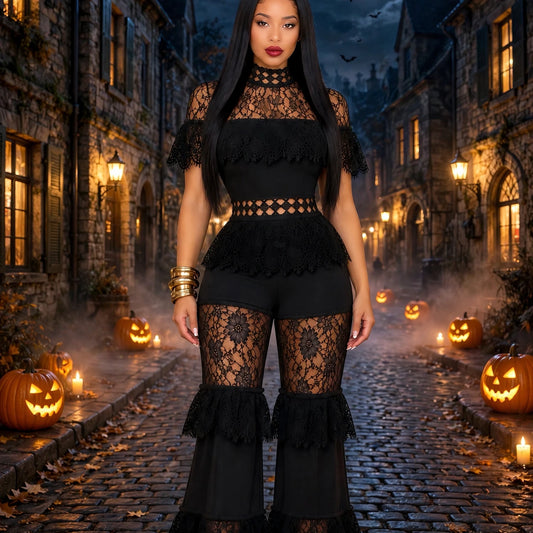 Black Lace High Neck Tiered Jumpsuit
