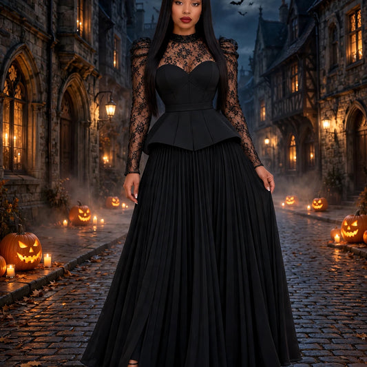 Black Lace Sleeve Blouse And Gored Skirt