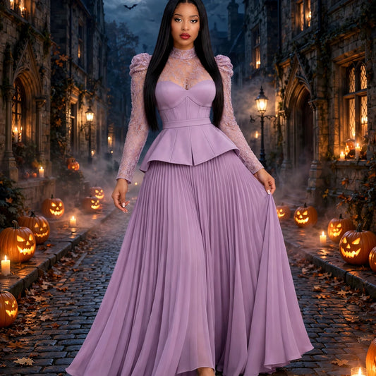 Purple Lace Sleeve Blouse And Gored Skirt set