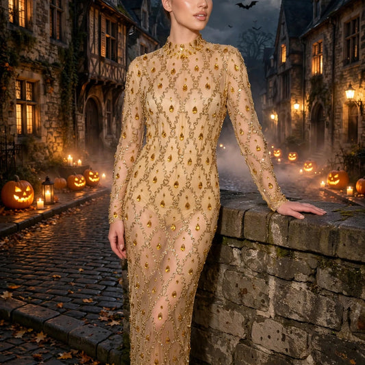 Long Sleeve Embellished Sequin Mesh Maxi Dress Gold