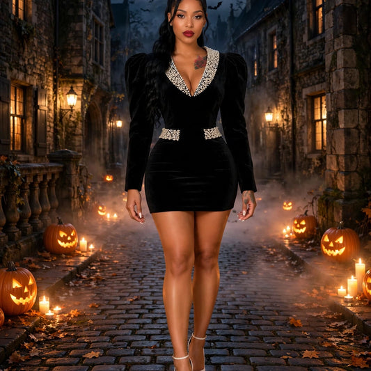 Celestine Black Velvet Crystal Mini Dress