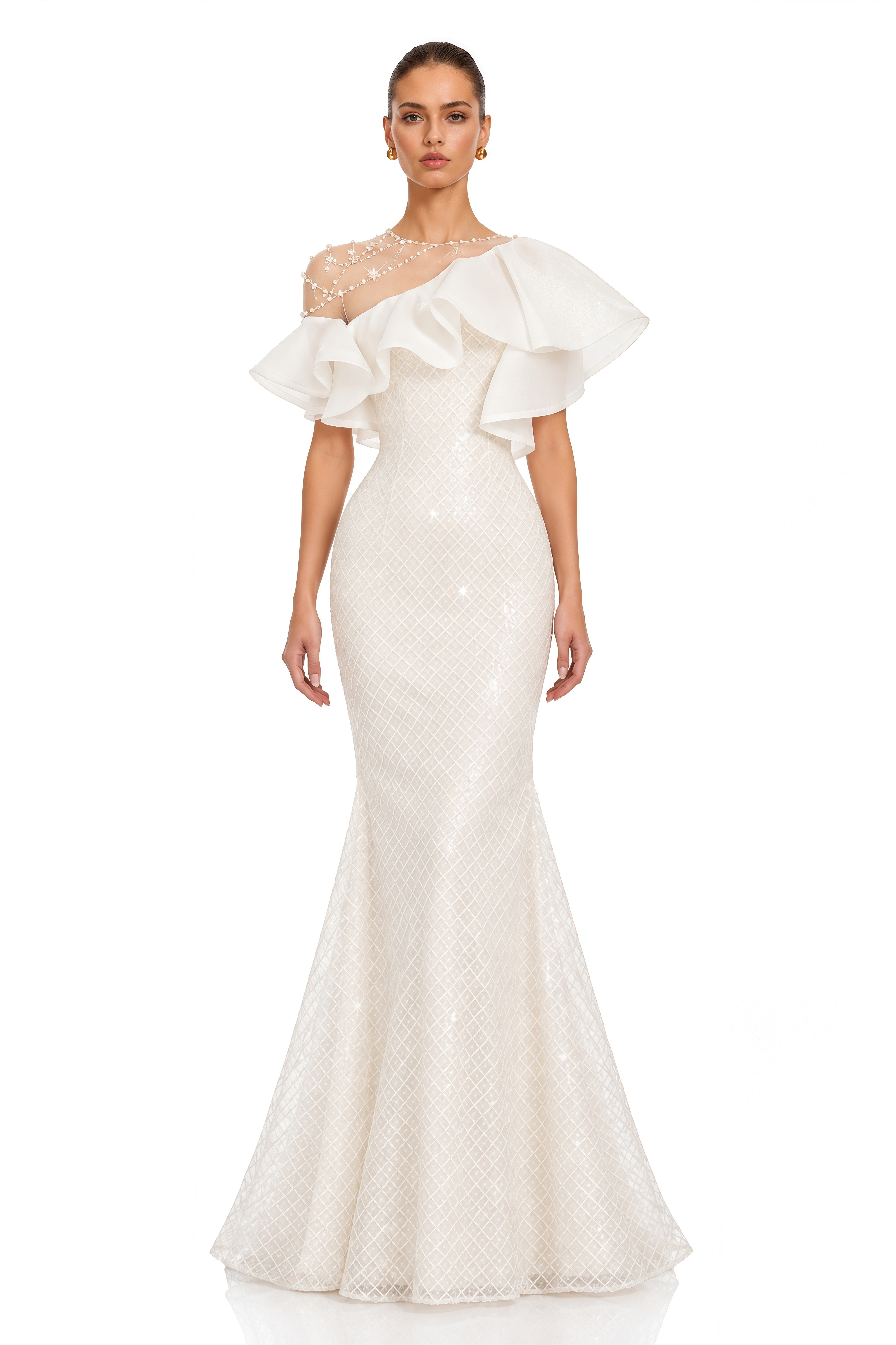 Clarisse Ivory Pearl Embellished Ruffle Maxi Dress