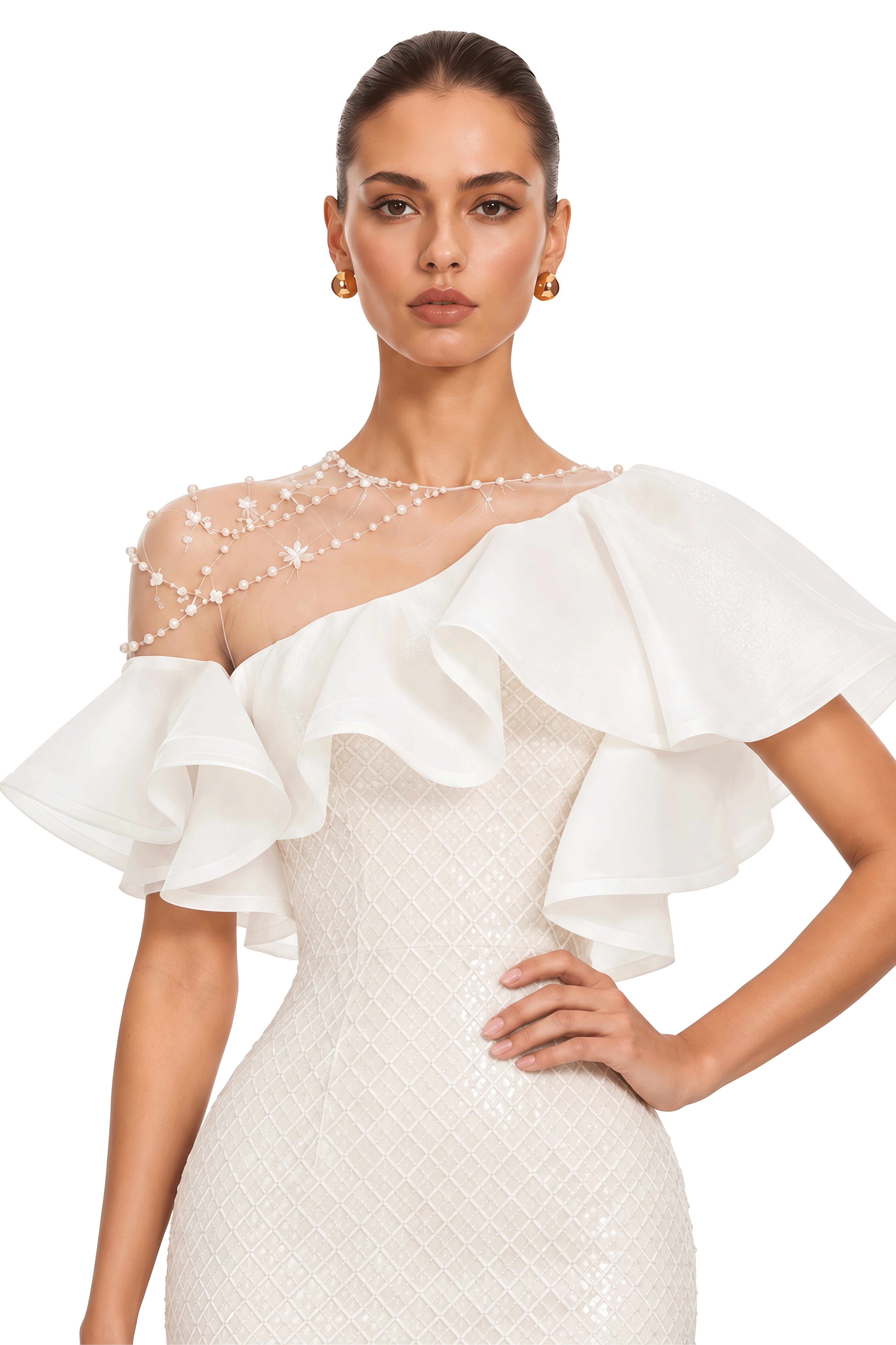 Clarisse Ivory Pearl Embellished Ruffle Maxi Dress