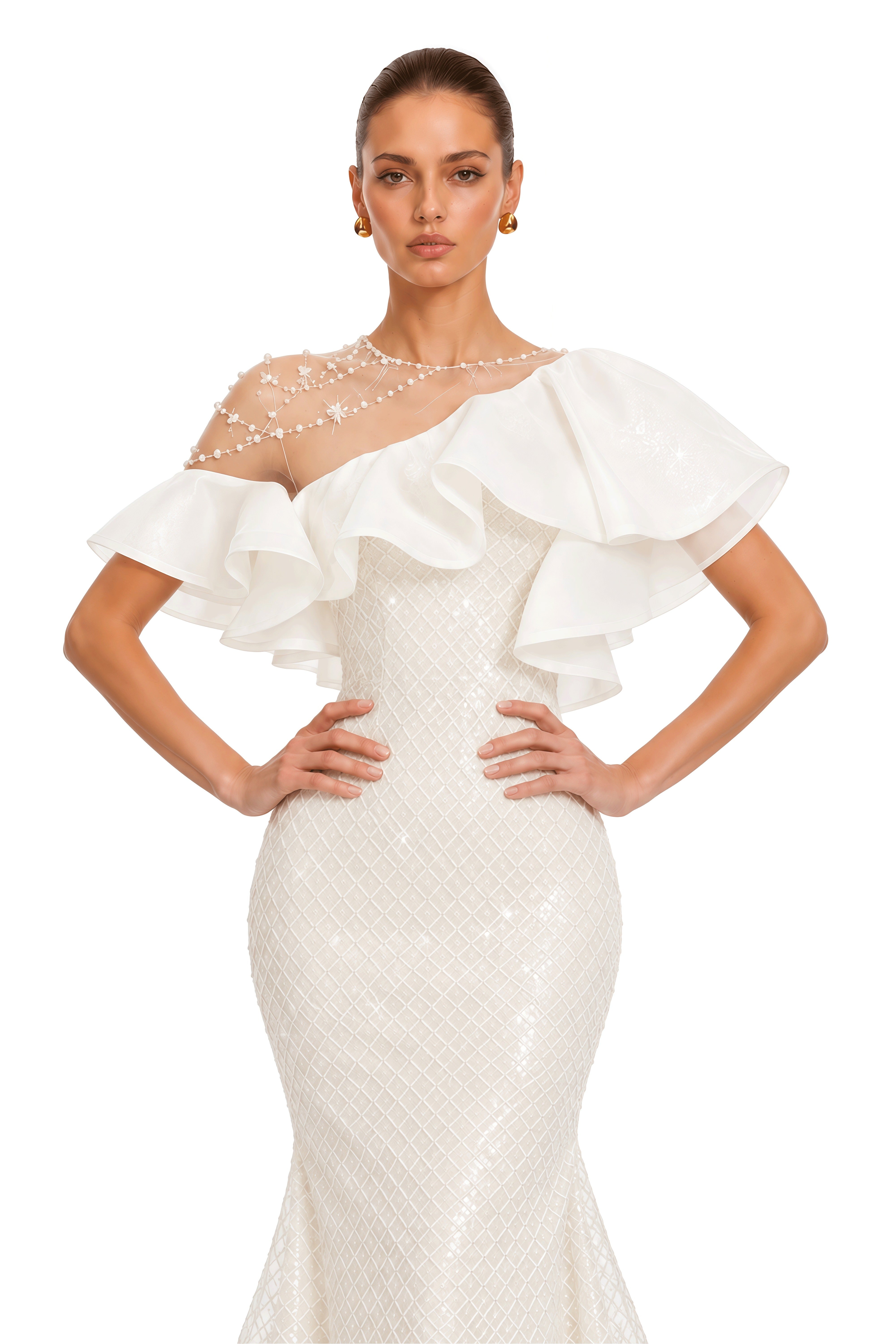Clarisse Ivory Pearl Embellished Ruffle Maxi Dress