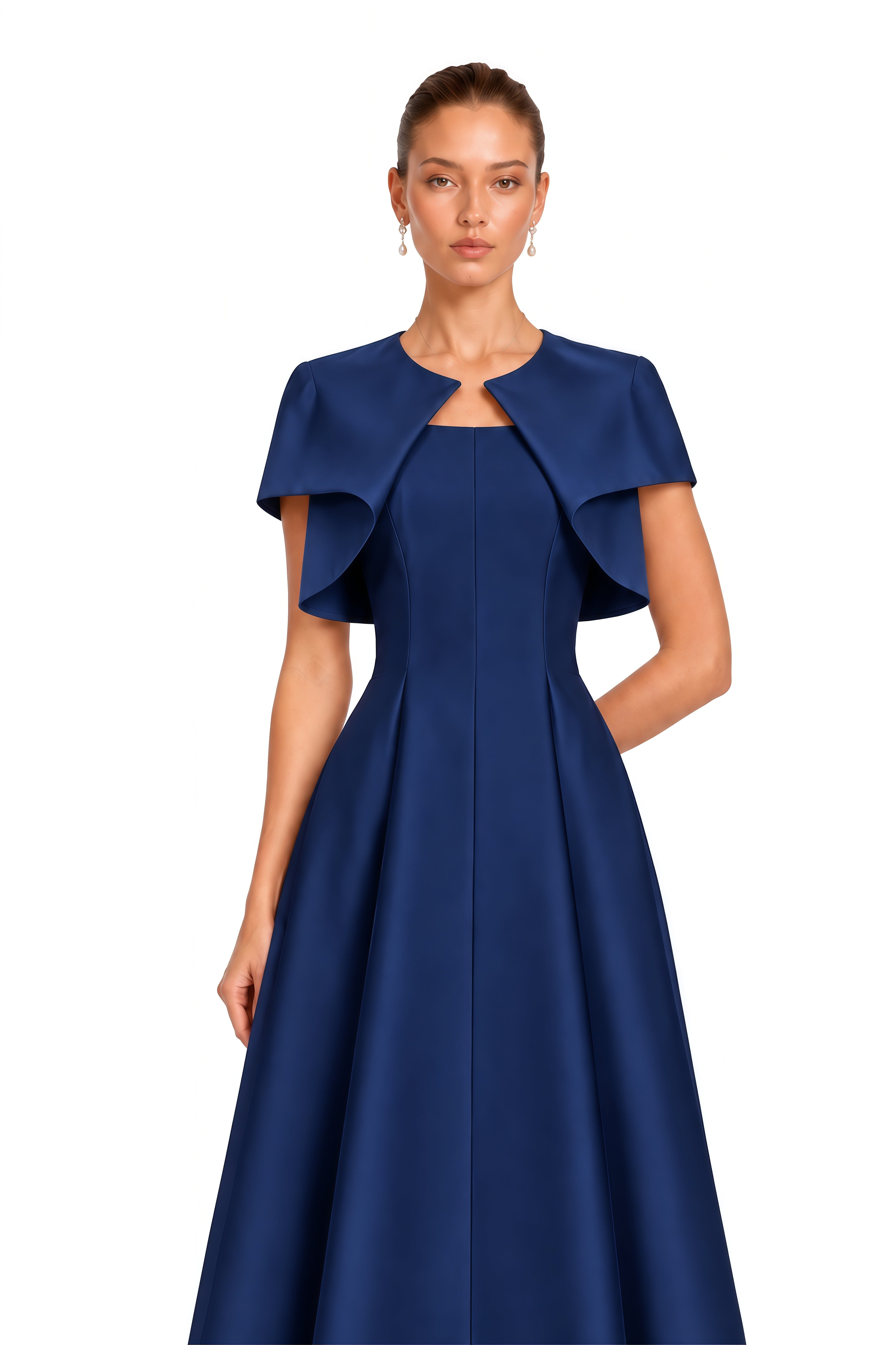 Cora Navy Blue Spaghetti Strap A-Line Midi Dress with Cape