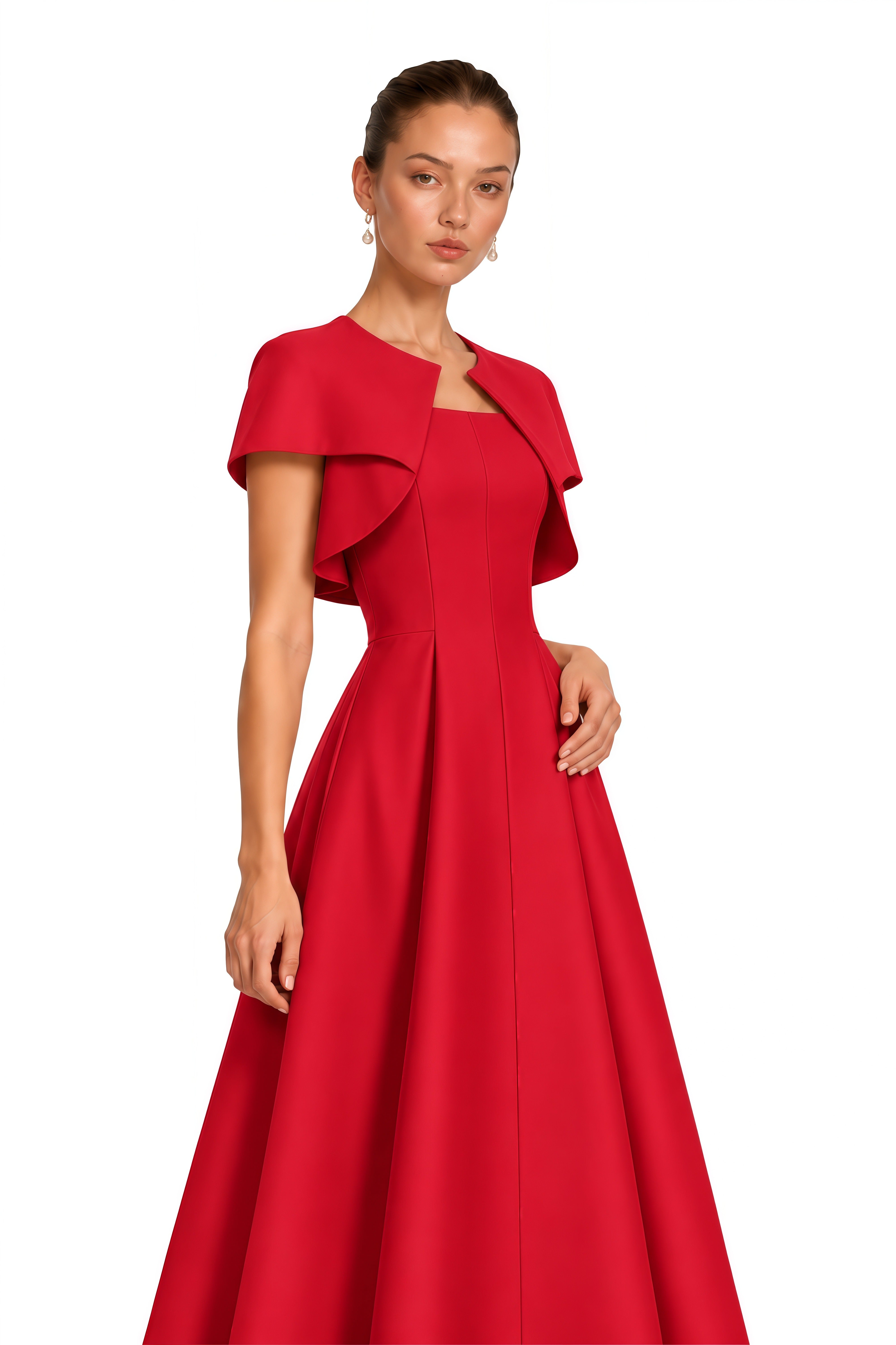 Cora Red Spaghetti Strap A-Line Midi Dress with Cape
