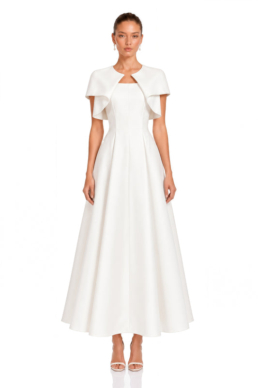 Cora White Spaghetti Strap A-Line Midi Dress with Cape