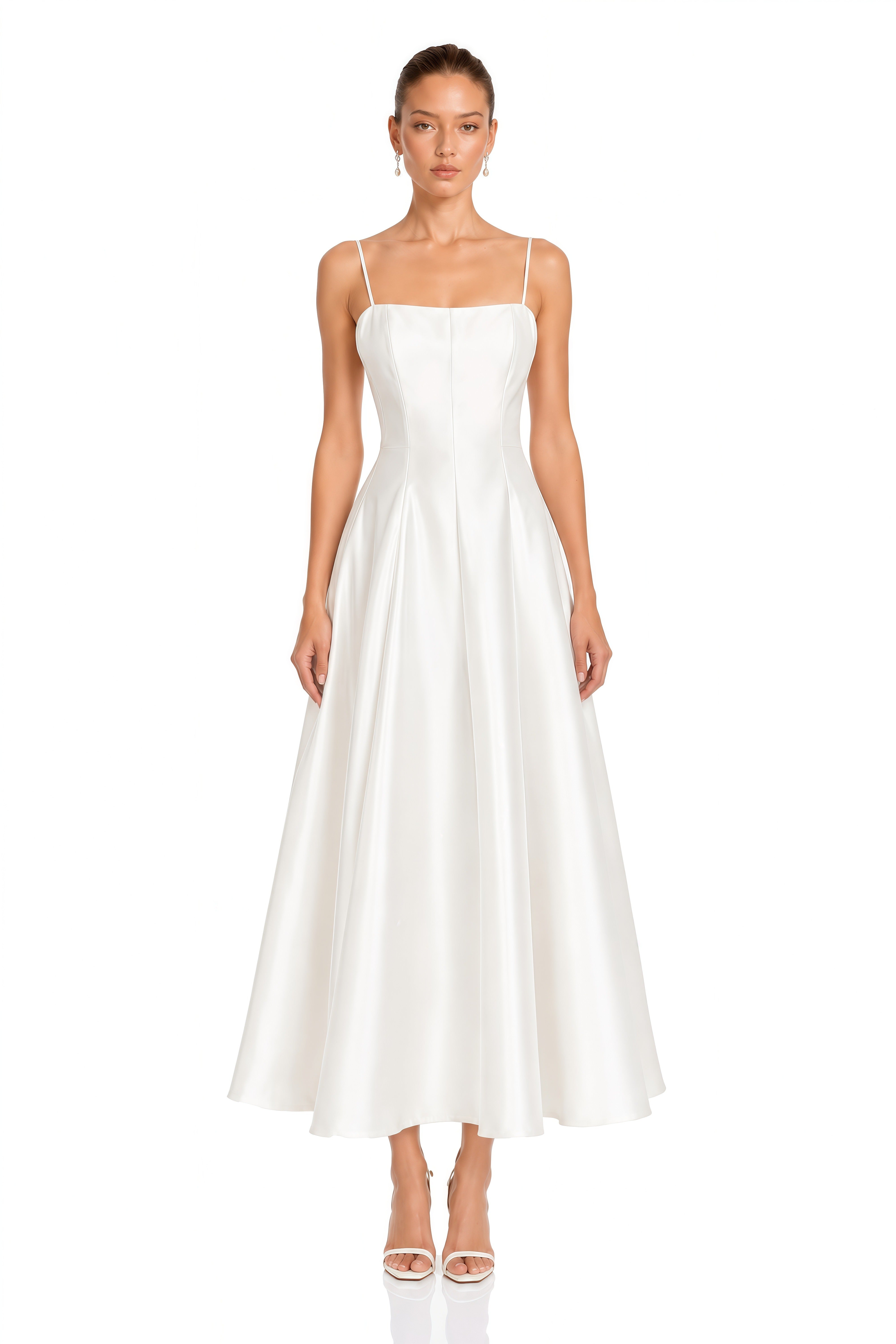 Cora White Spaghetti Strap A-Line Midi Dress with Cape