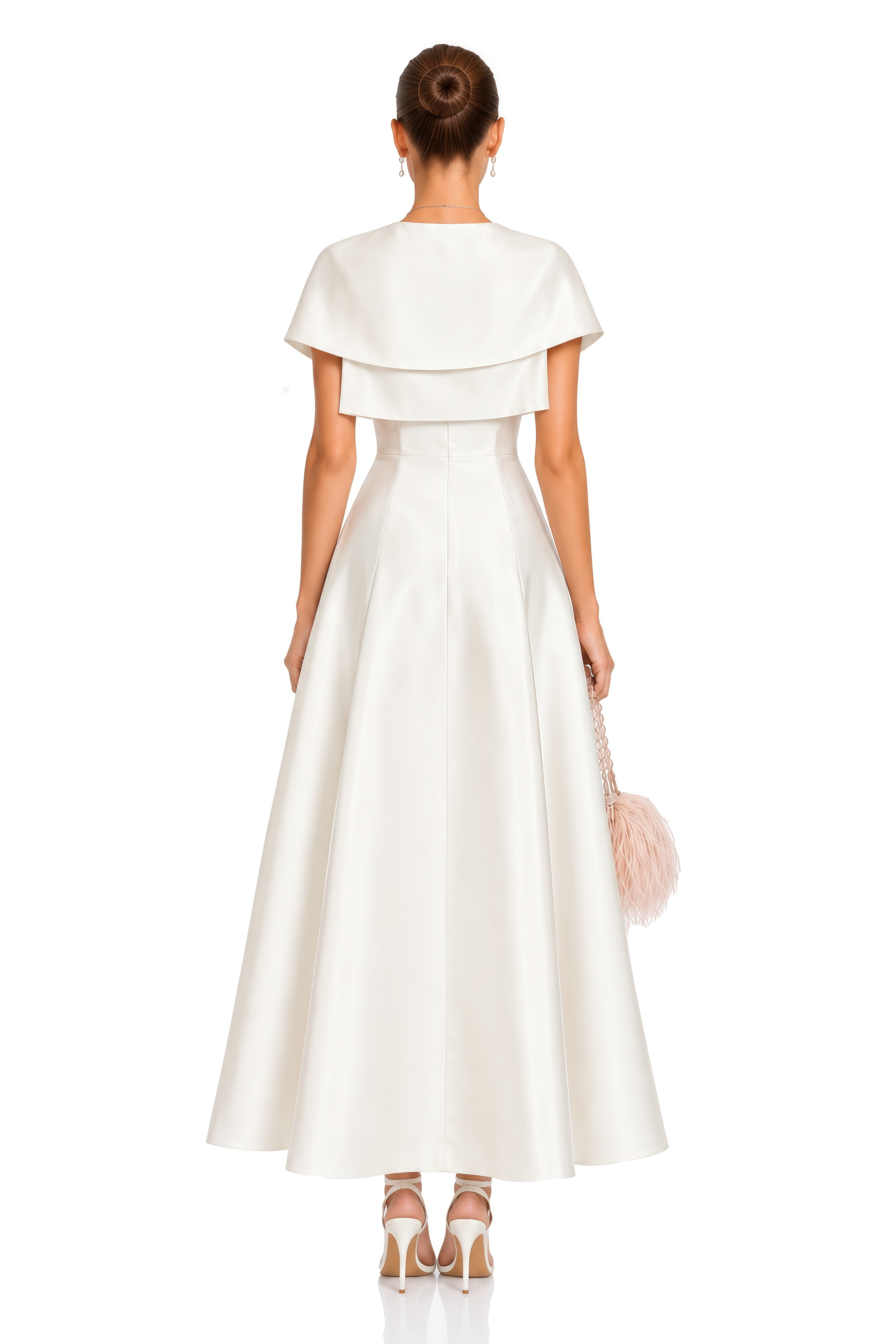 Cora White Spaghetti Strap A-Line Midi Dress with Cape